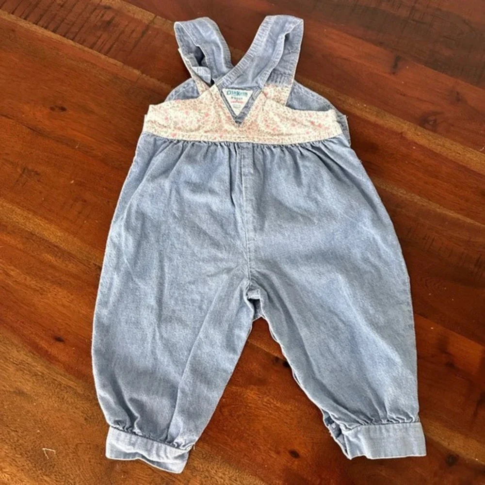 OshKosh B'gosh Overalls Girls 18M Blue Floral Vestbak Vintage Denim Bow Pink‎